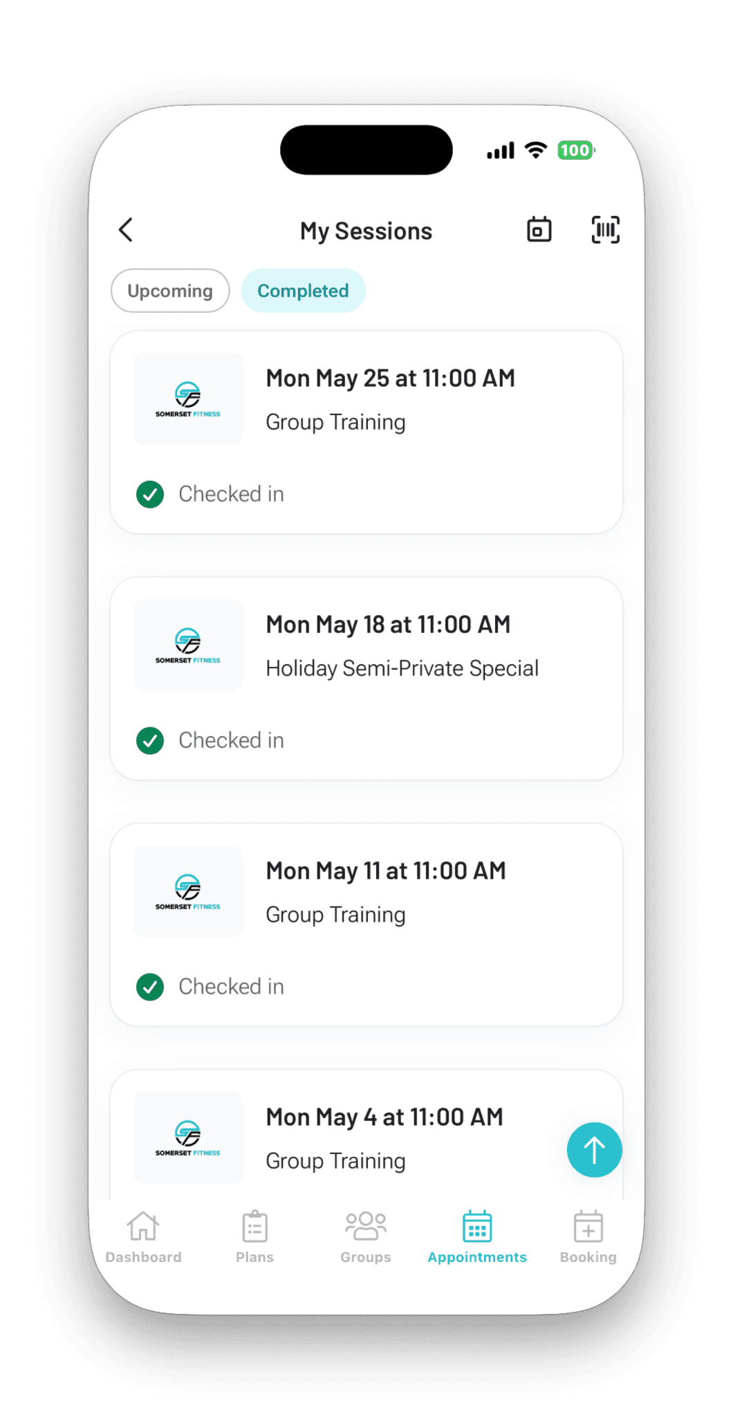 Upcoming sessions in the Somerset Fitness app